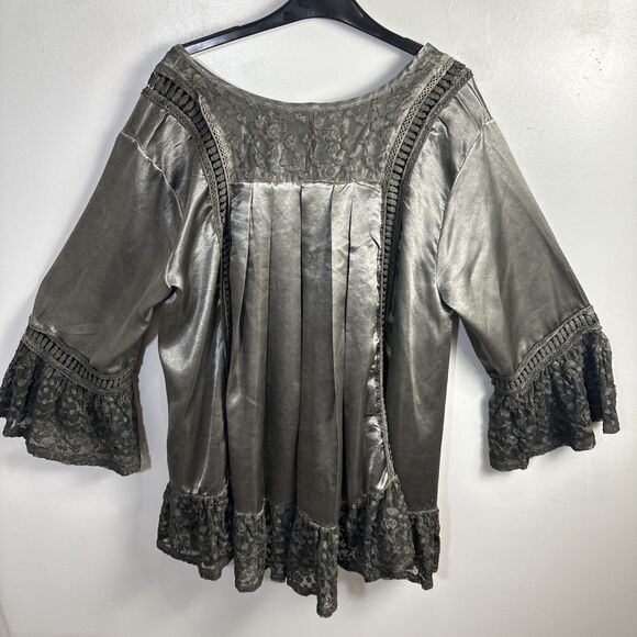 Women’s A RARE BIRD Satin Gray Lace Trimmed Boho Tunic Top Small Medium Lace - Picture 5 of 11